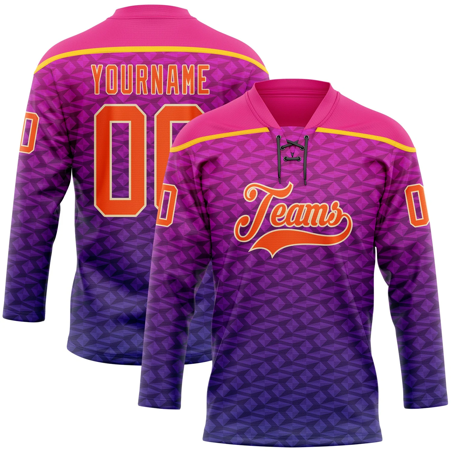 Custom Hot Pink Orange Purple Yellow-Cream Abstract Gradient Halftone Pattern Hockey Lace Neck Jersey