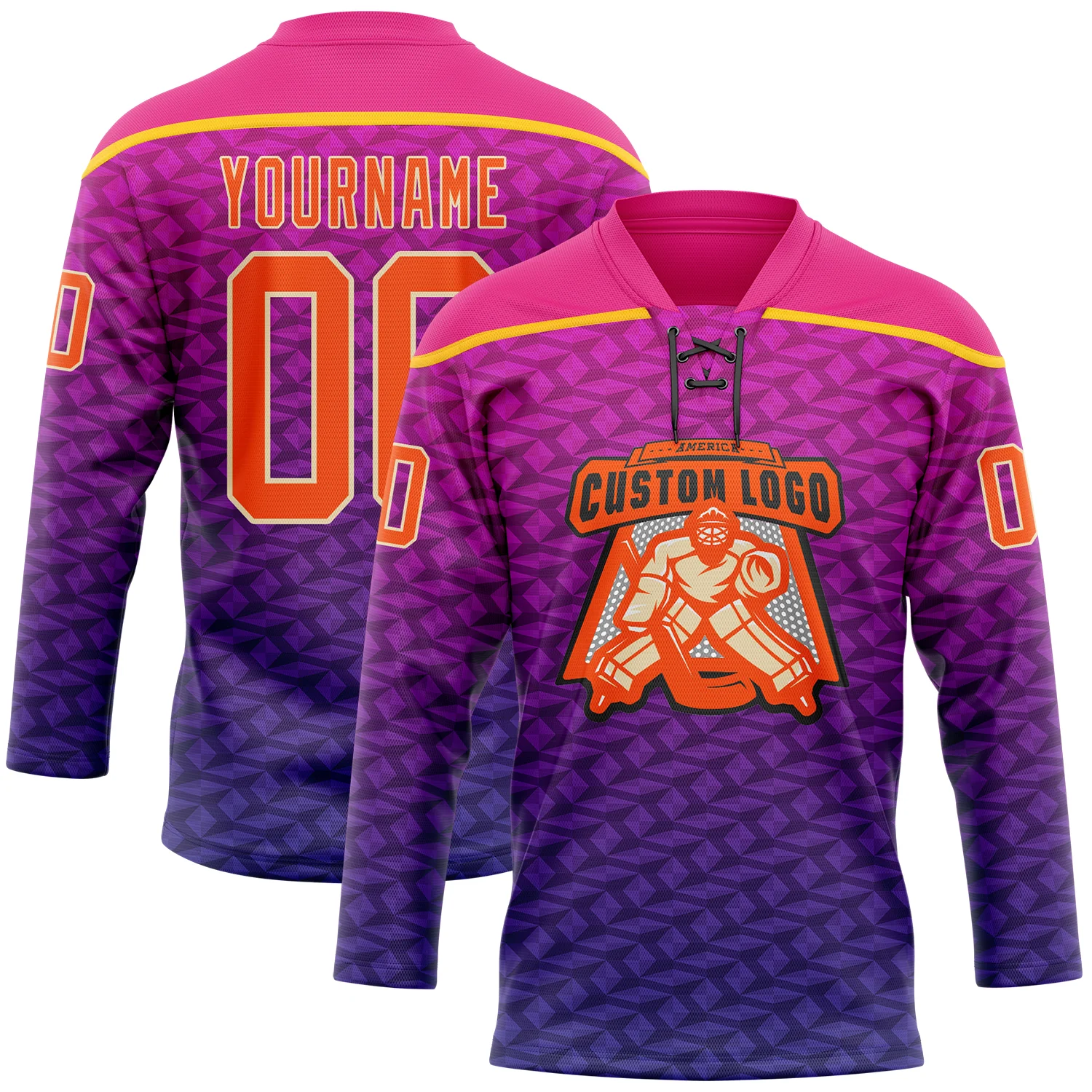 Custom Hot Pink Orange Purple Yellow-Cream Abstract Gradient Halftone Pattern Hockey Lace Neck Jersey - Image 2