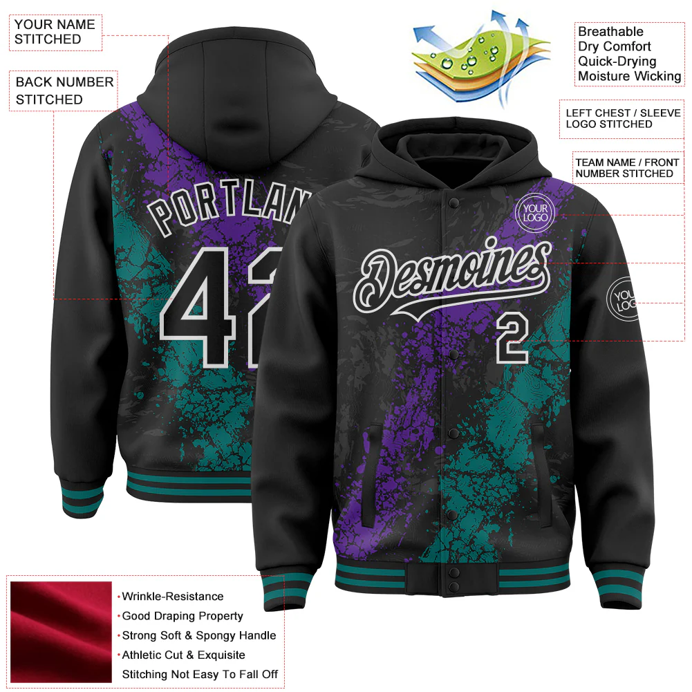 Custom Black Purple Teal-White Splash Art 3D Pattern Design Bomber Full-Snap Varsity Letterman Hoodie Jacket - Image 4