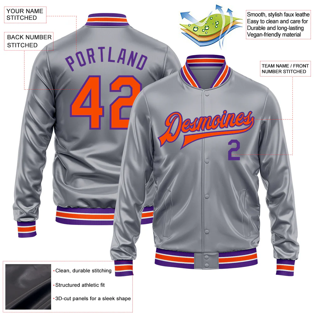 Custom Gray Orange-Purple Bomber Full-Snap Varsity Faux Leather Letterman Jacket - Image 2