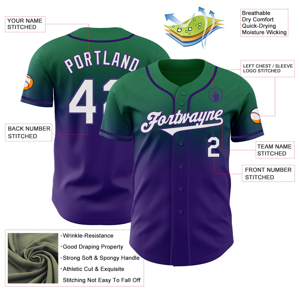 Custom Kelly Green White-Purple Authentic Fade Fashion Baseball Jersey - Image 3