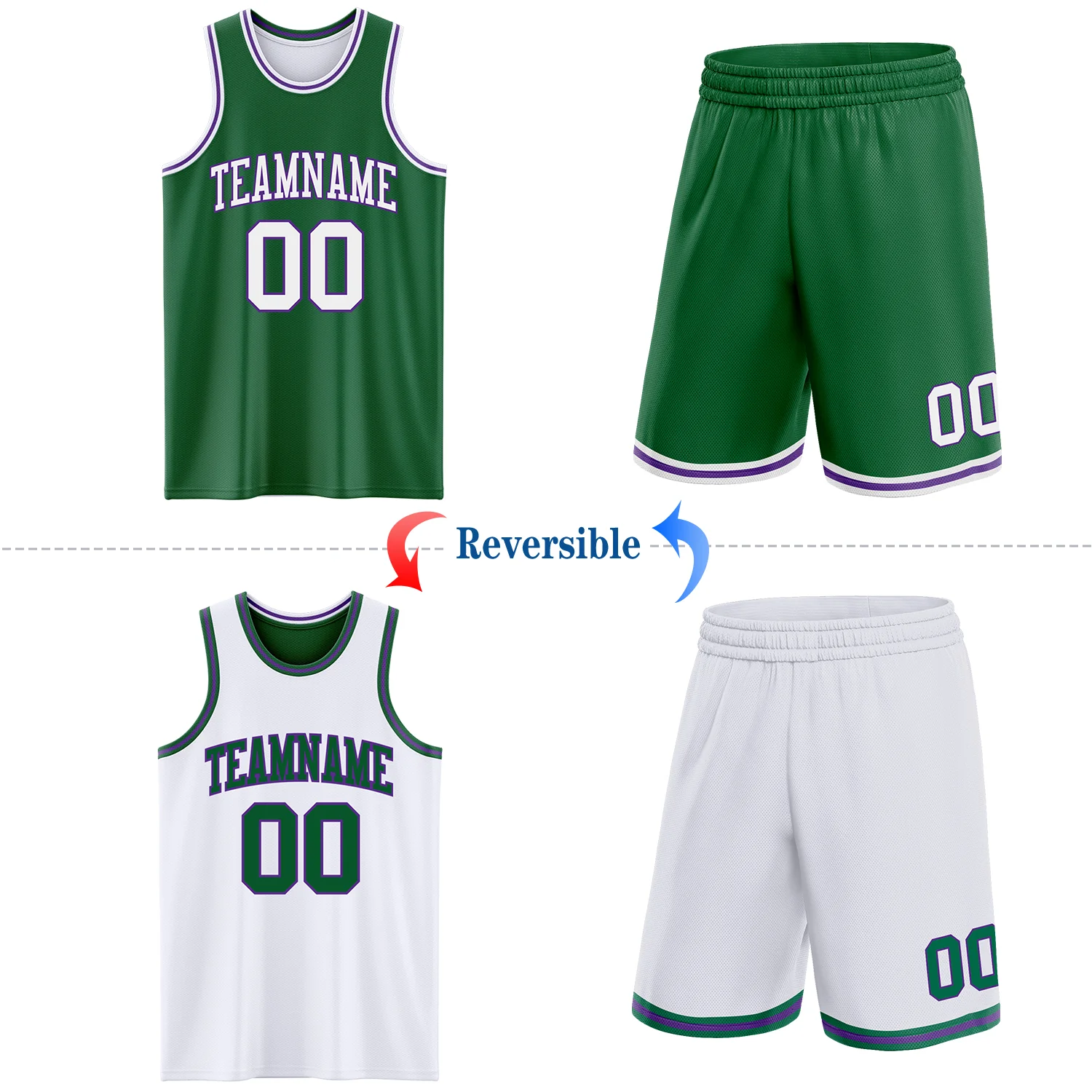 Custom Reversible Kelly Green White-Purple Double Side Sublimation Basketball Suit Jersey - Image 2