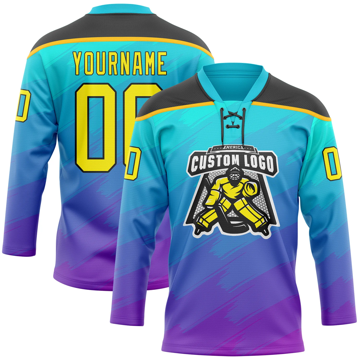 Custom Lakes Blue Light Yellow Purple Gold-Black Abstract Gradient Halftone Pattern Hockey Lace Neck Jersey - Image 2