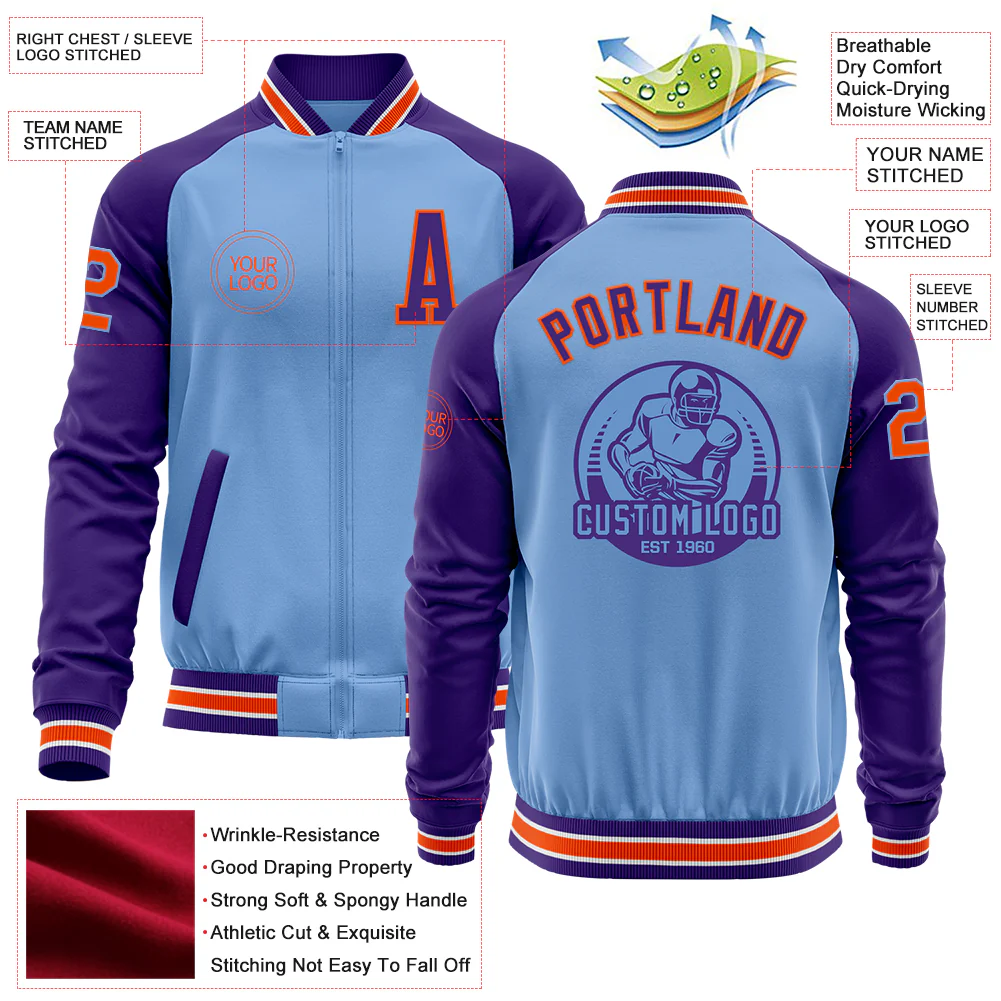 Custom Light Blue Orange-Purple Bomber Varsity Letterman Two Tone Zipper Jacket - Image 4