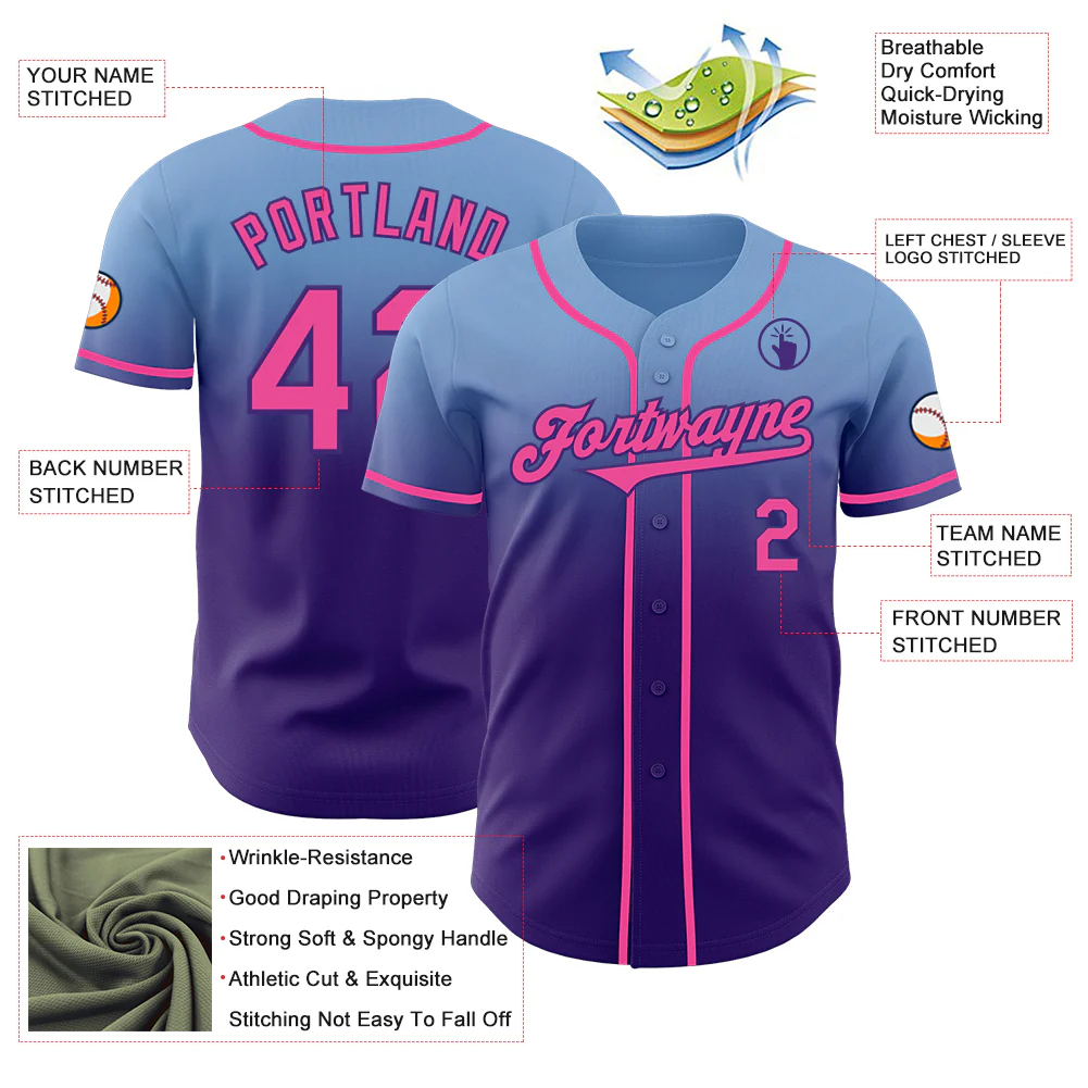Custom Light Blue Pink-Purple Authentic Fade Fashion Baseball Jersey - Image 3