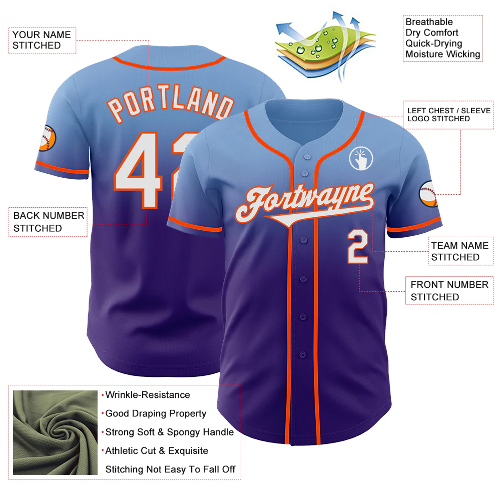 Custom Light Blue White Purple-Orange Authentic Fade Fashion Baseball Jersey - Image 3