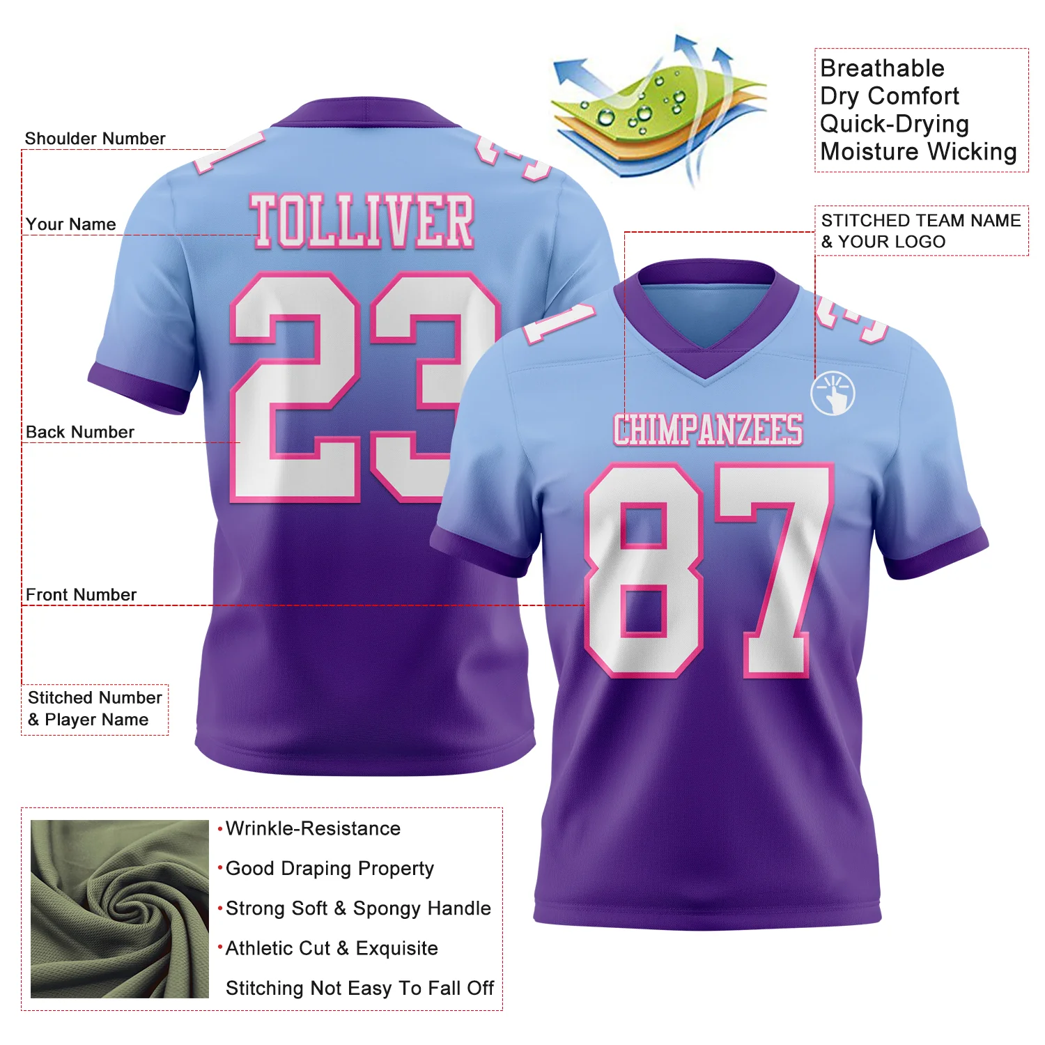 Custom Light Blue White Purple-Pink Authentic Fade Fashion Football Jersey - Image 2