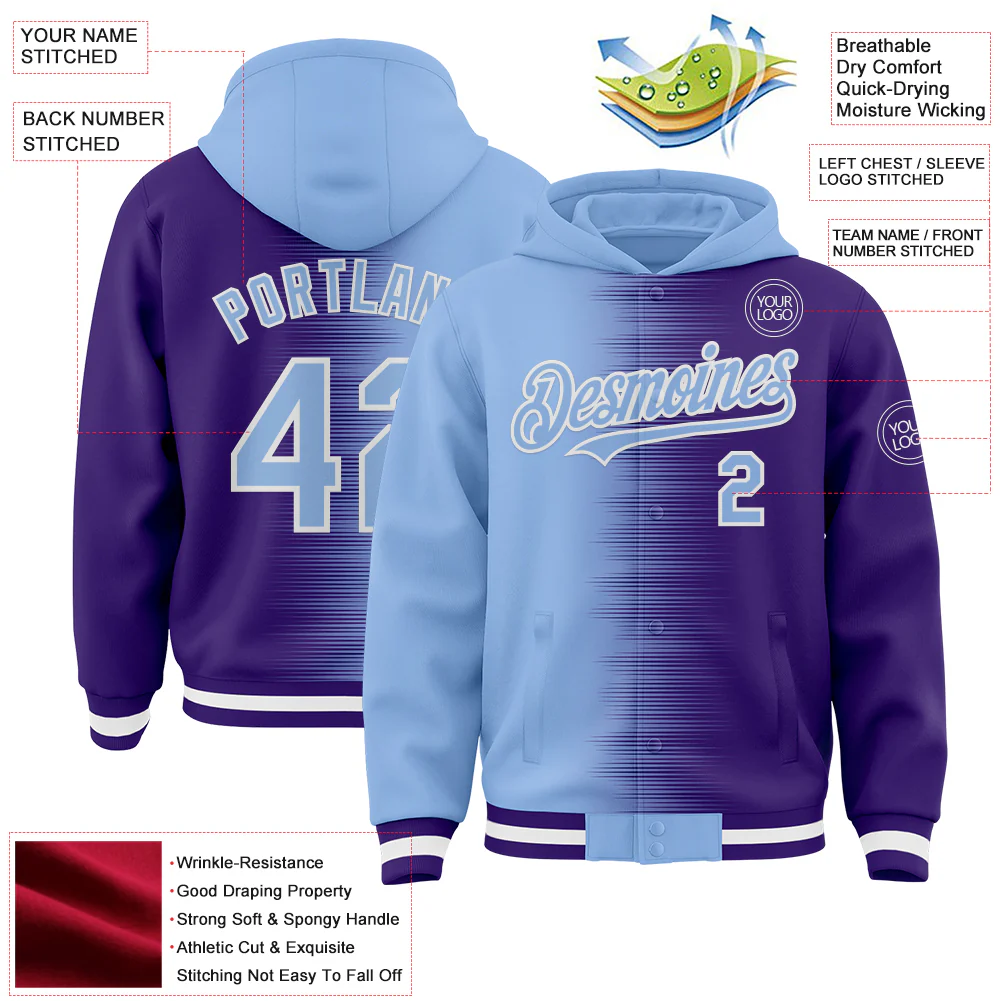 Custom Light Blue Purple-White Gradient Line Bomber Full-Snap Varsity Letterman Hoodie Jacket - Image 4
