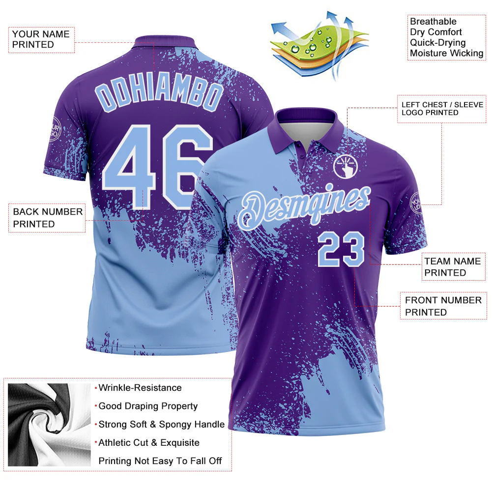 Custom Light Blue Purple-White 3D Pattern Design Abstract Brush Stroke Performance Polo Shirt - Image 3