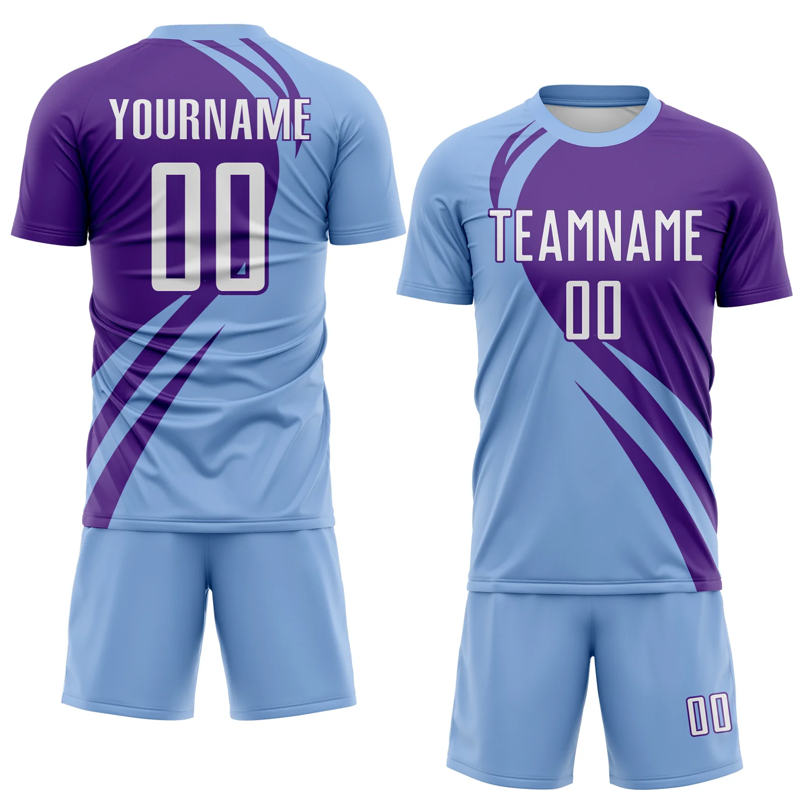 Custom Light Blue White-Purple Diagonal Streamline Color Block Swirl Curve Lines Sublimation Soccer Uniform Jersey - Image 2