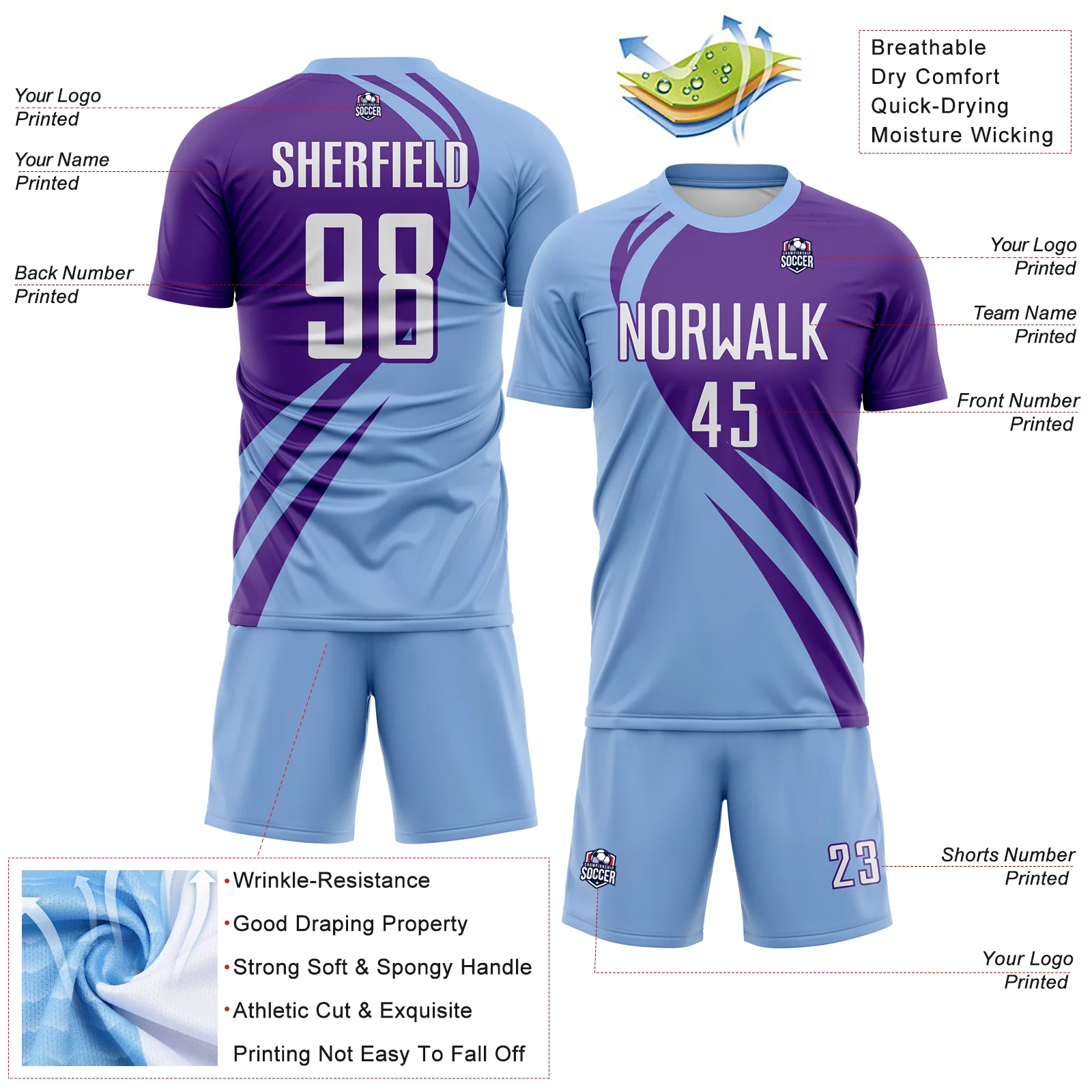 Custom Light Blue White-Purple Diagonal Streamline Color Block Swirl Curve Lines Sublimation Soccer Uniform Jersey - Image 3