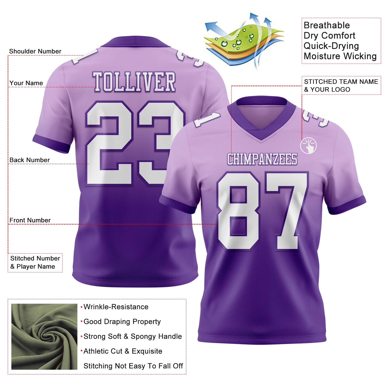 Custom Light Purple White-Purple Authentic Fade Fashion Football Jersey - Image 2