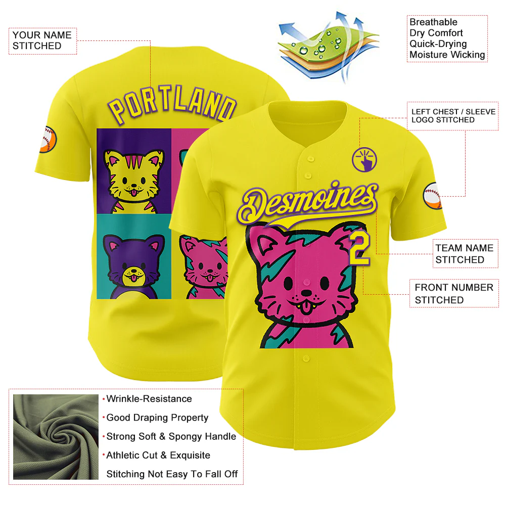 Custom Light Yellow Light Yellow-Purple 3D Tobe Fonseca Cat Warhol Pop Art Authentic Baseball Jersey - Image 3