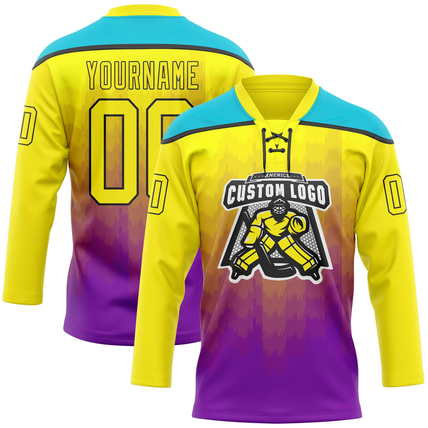 Custom Light Yellow Purple Lakes Blue-Black Abstract Gradient Halftone Pattern Hockey Lace Neck Jersey - Image 2