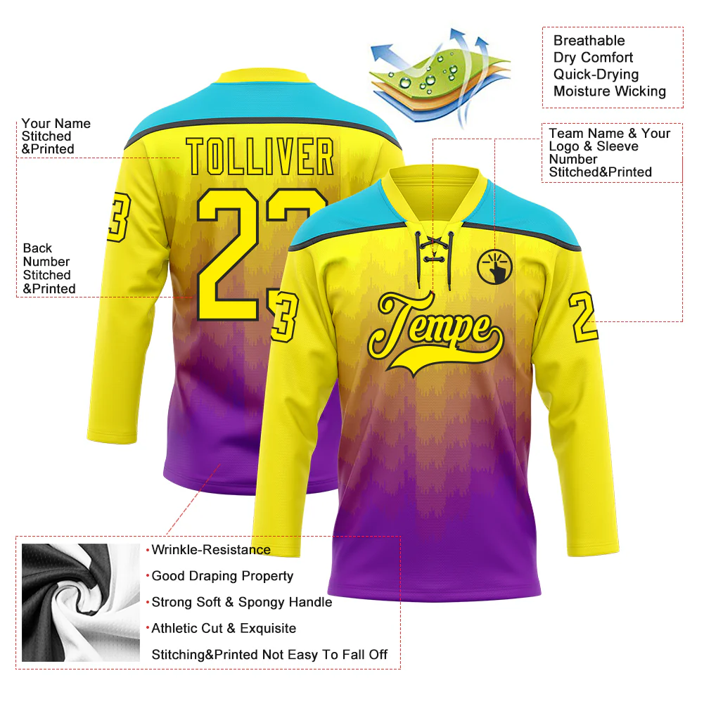 Custom Light Yellow Purple Lakes Blue-Black Abstract Gradient Halftone Pattern Hockey Lace Neck Jersey - Image 5