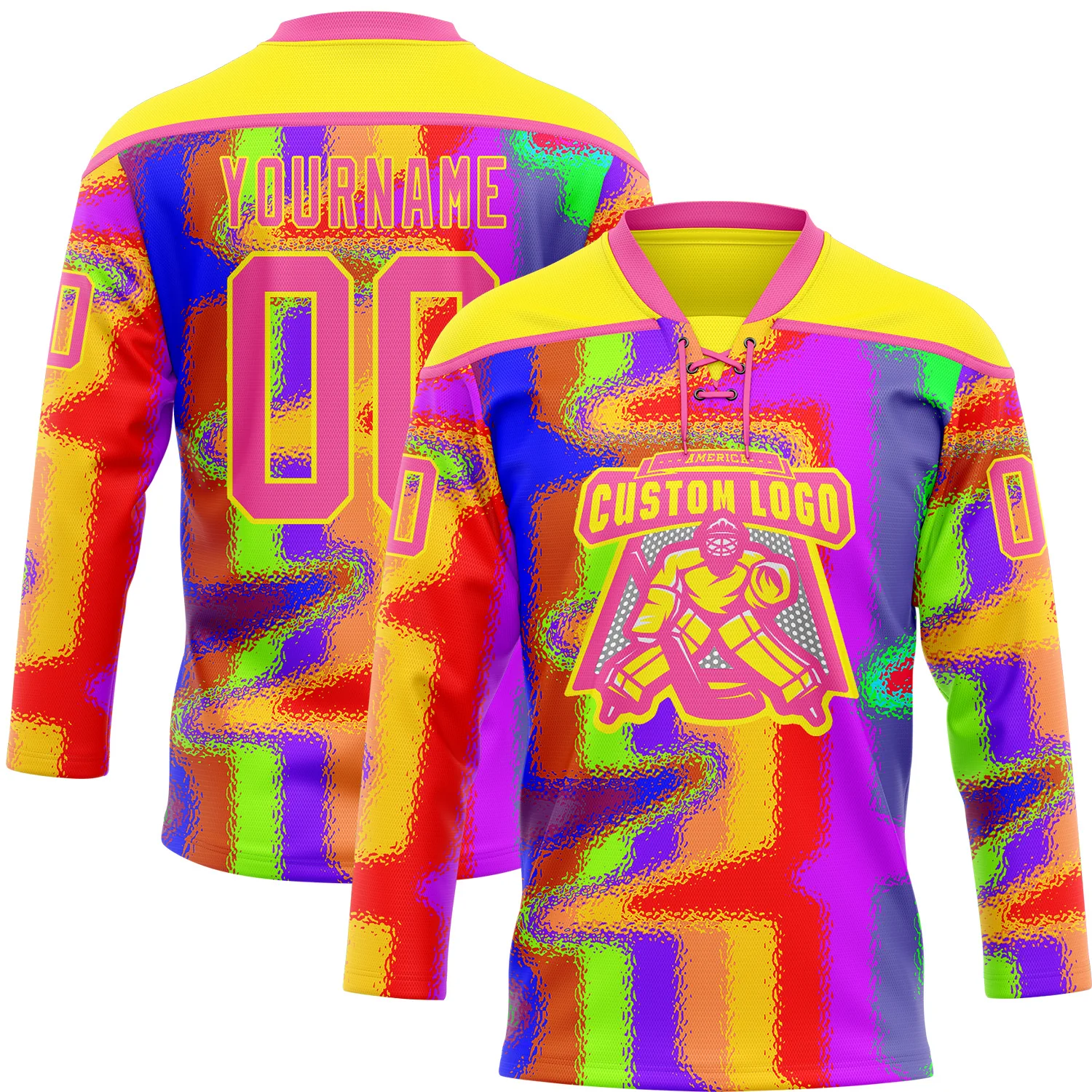 Custom Light Yellow Pink Purple Red-Green Trippy Psychedelic Neon Splash Hockey Lace Neck Jersey - Image 2