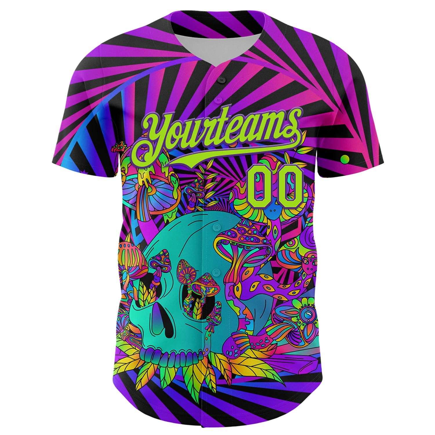 Custom Purple Neon Green 3D Pattern Design Trippy Magic Mushrooms Skull Authentic Baseball Jersey - Image 2