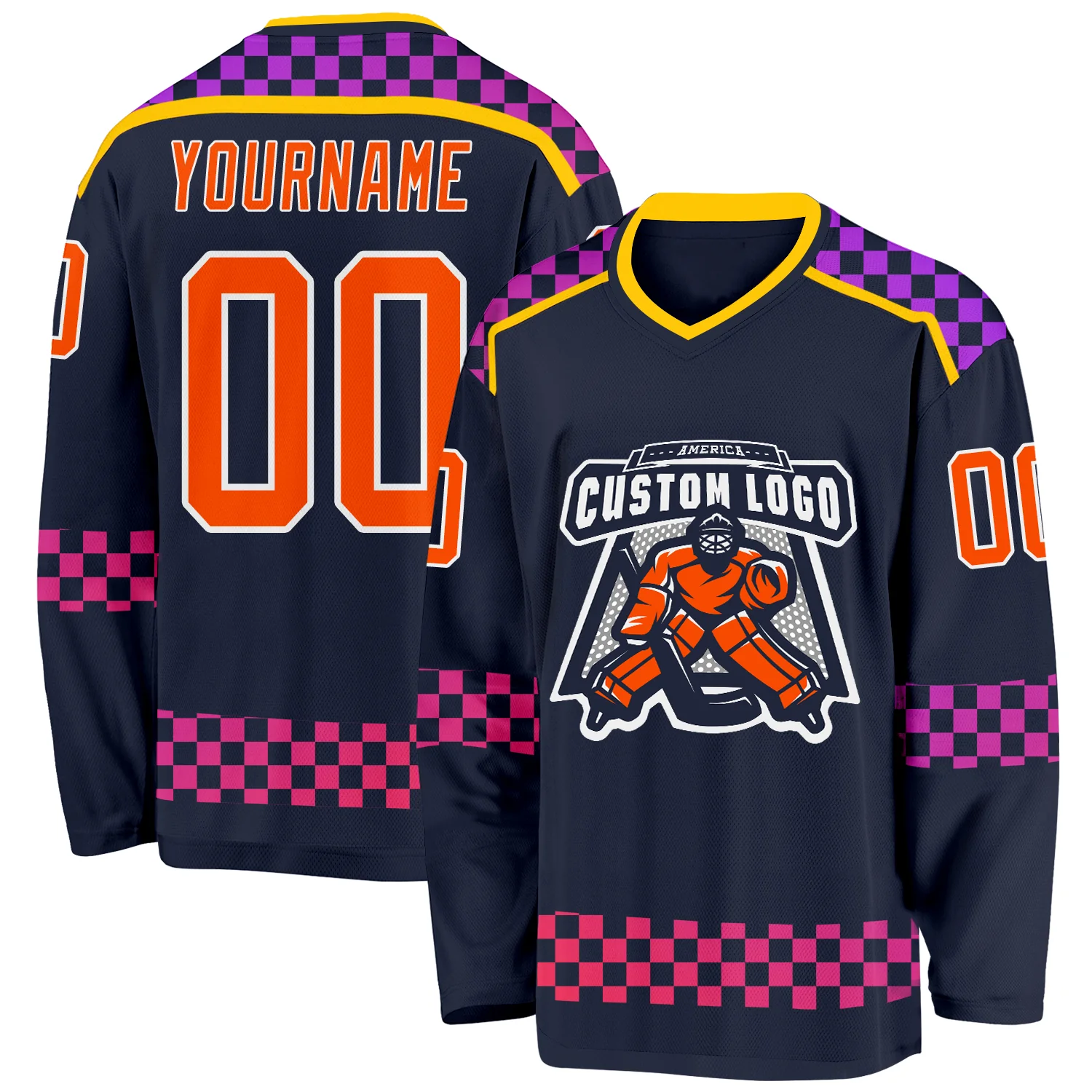 Custom Navy Orange Purple Pink-White Plaid Hockey Jersey - Image 2