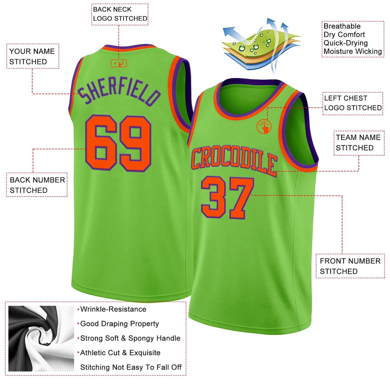 Custom Neon Green Orange-Purple Authentic Basketball Jersey - Image 2