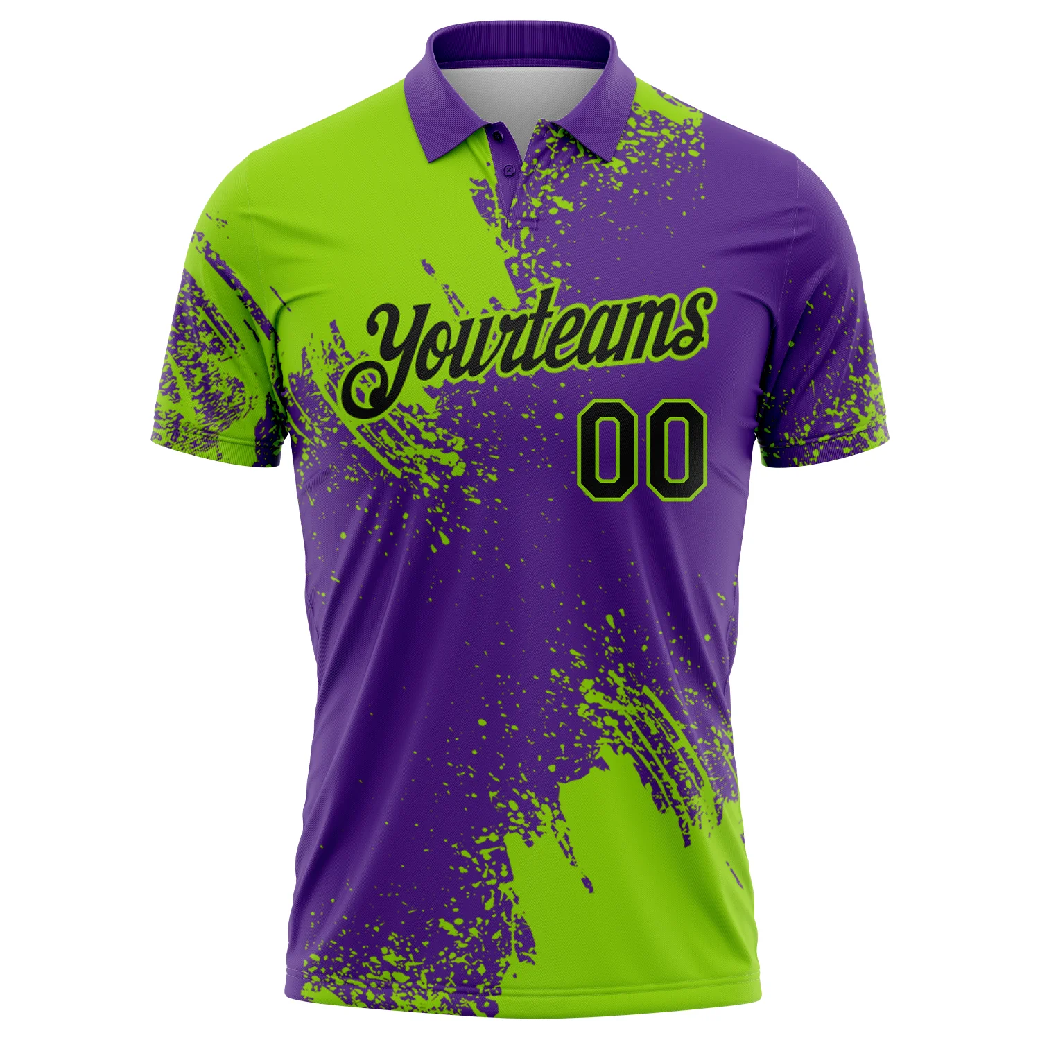 Custom Neon Green Black-Purple 3D Pattern Design Abstract Brush Stroke Performance Polo Shirt - Image 2
