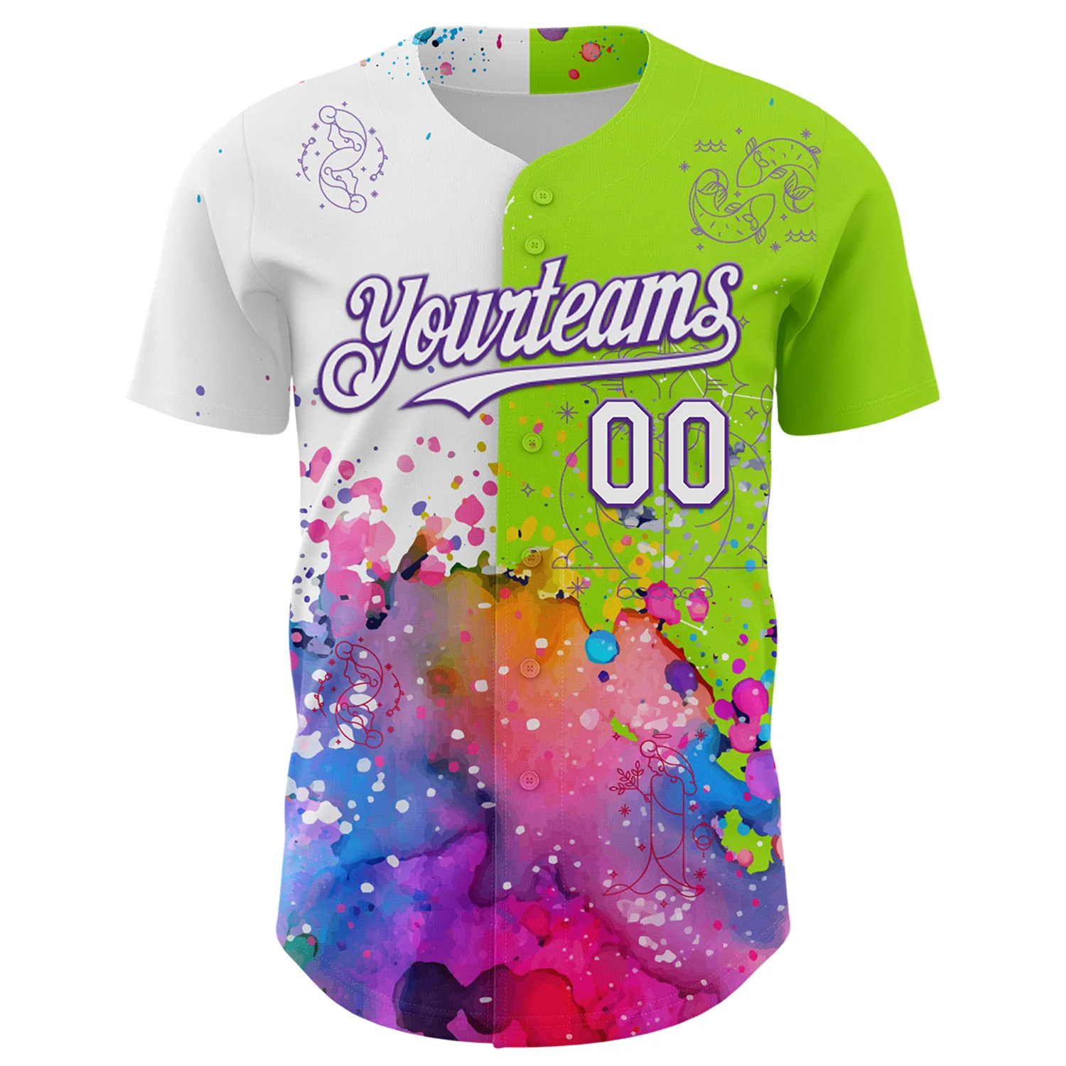 Custom Neon Green White-Purple 3D Pattern Design Graffiti Splash And Constellation Space Galaxy Star Authentic Baseball Jersey - Image 2