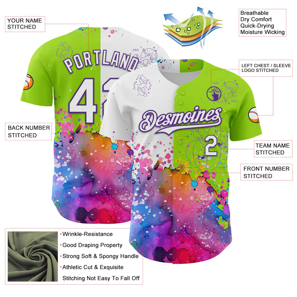 Custom Neon Green White-Purple 3D Pattern Design Graffiti Splash And Constellation Space Galaxy Star Authentic Baseball Jersey - Image 3