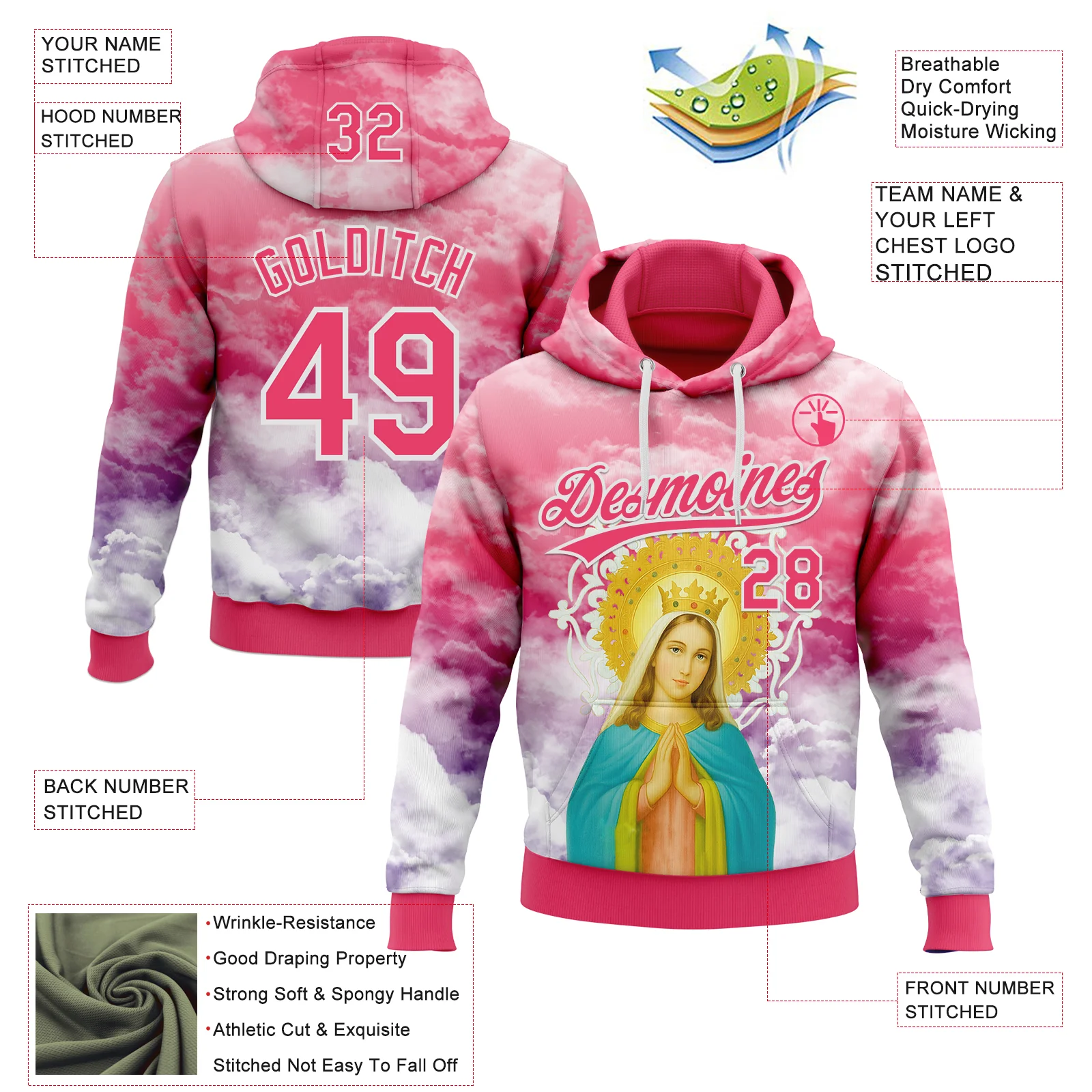 Custom Stitched Neon Pink Purple-White Religion The Virgin Mary Pullover Sweatshirt Hoodie - Image 4
