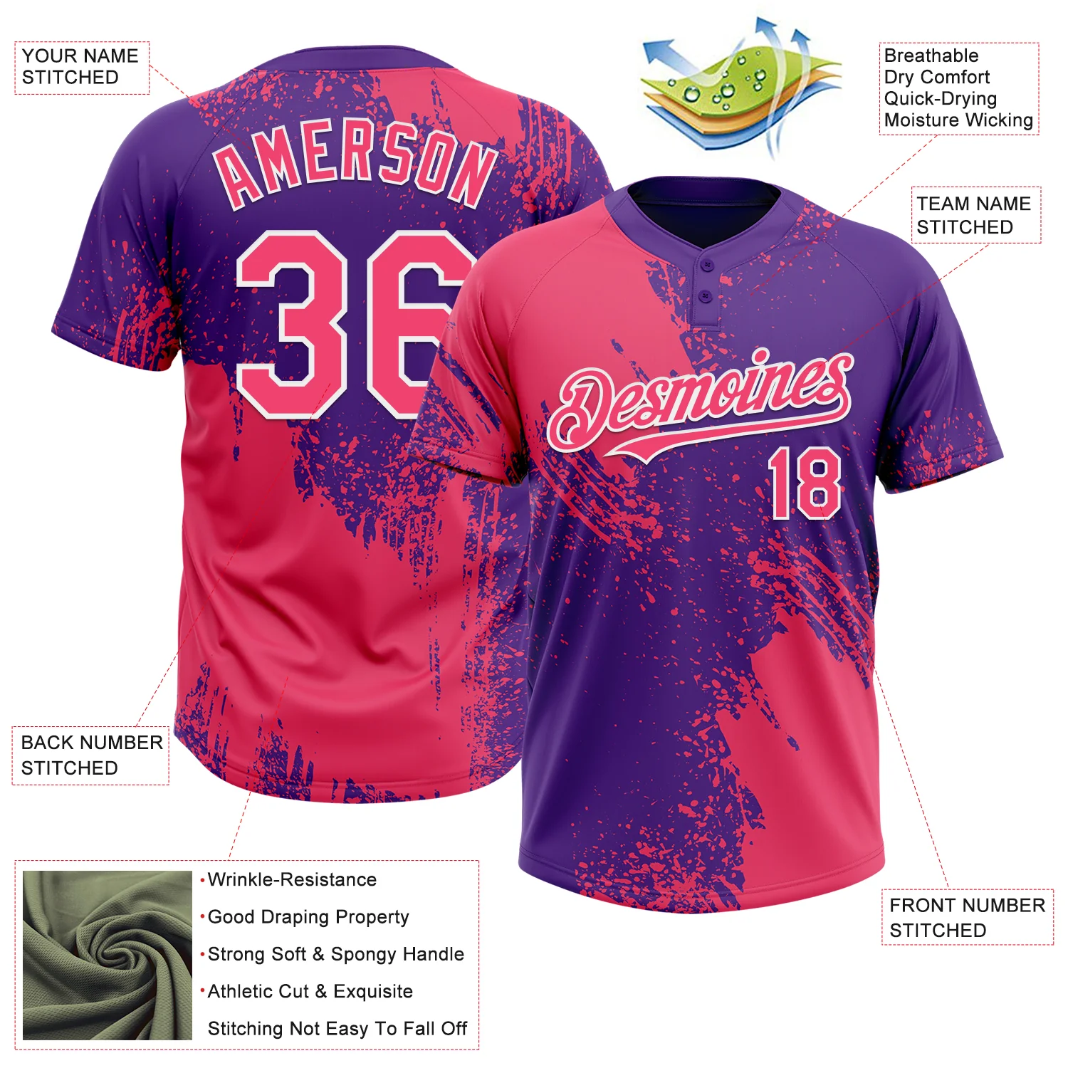 Custom Neon Pink Purple-White 3D Pattern Abstract Brush Stroke Two-Button Unisex Softball Jersey - Image 3