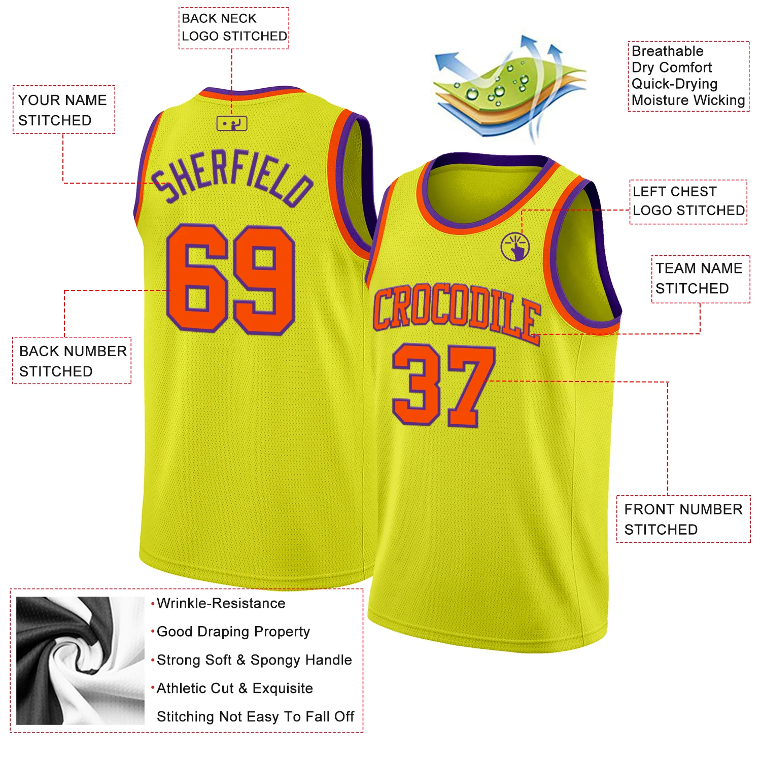 Custom Neon Yellow Orange-Purple Authentic Basketball Jersey - Image 2