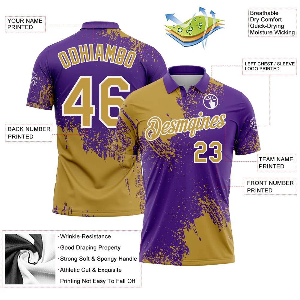 Custom Old Gold Purple-White 3D Pattern Design Abstract Brush Stroke Performance Polo Shirt - Image 3