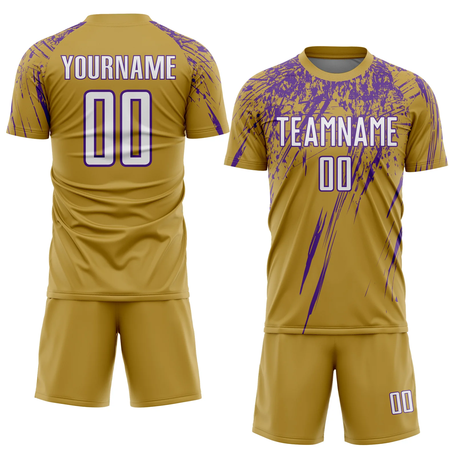 Custom Old Gold White-Purple Splash Sports Sublimation Soccer Uniform Jersey - Image 2