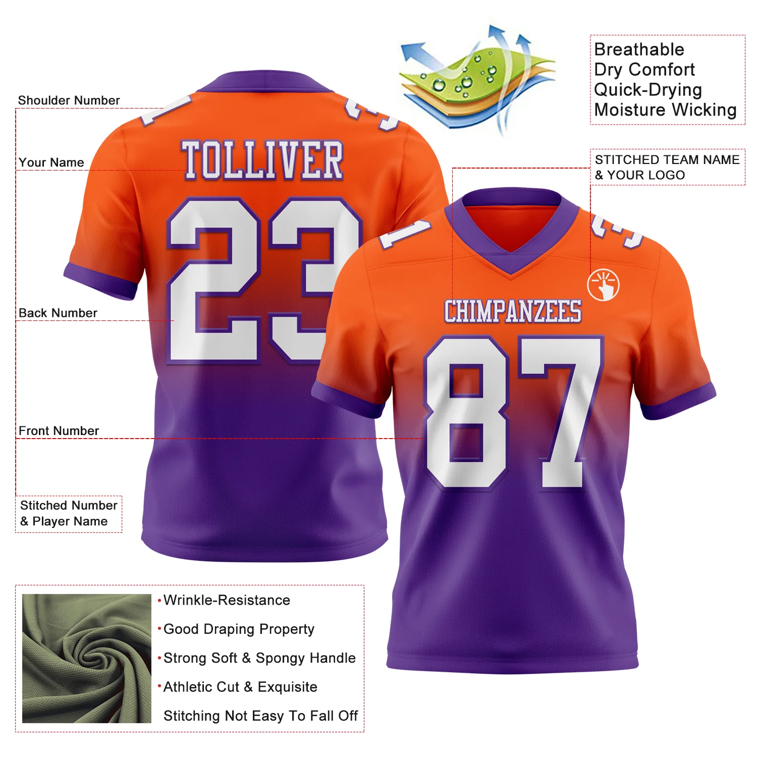 Custom Orange White-Purple Authentic Fade Fashion Football Jersey - Image 2