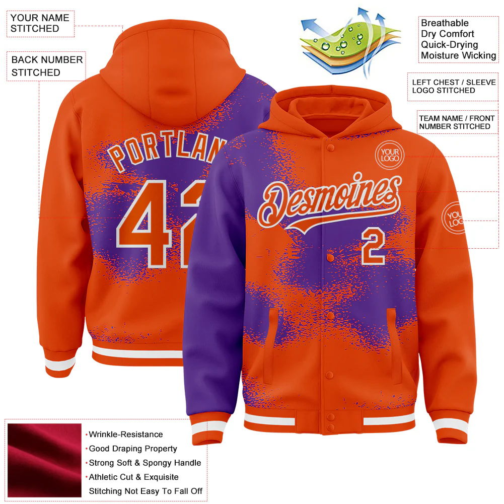 Custom Orange Purple-White Abstract Color Blocks Fragment Pattern Bomber Full-Snap Varsity Letterman Hoodie Jacket - Image 4