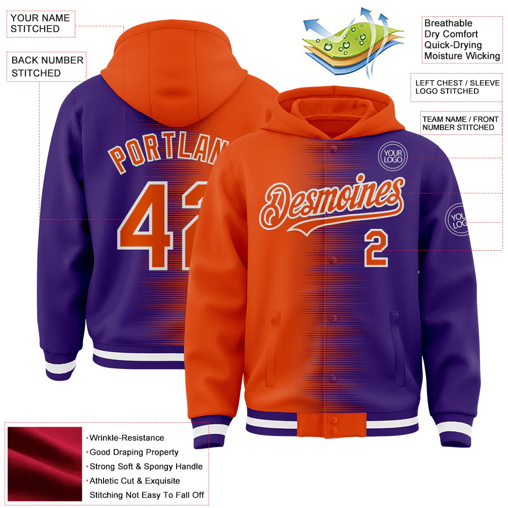 Custom Orange Purple-White Gradient Line Bomber Full-Snap Varsity Letterman Hoodie Jacket - Image 4