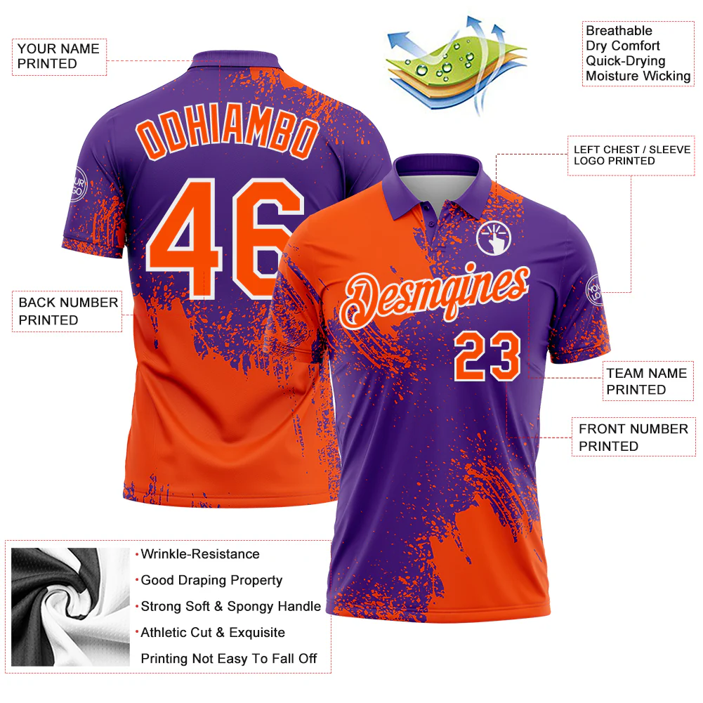 Custom Orange Purple-White 3D Pattern Design Abstract Brush Stroke Performance Polo Shirt - Image 3