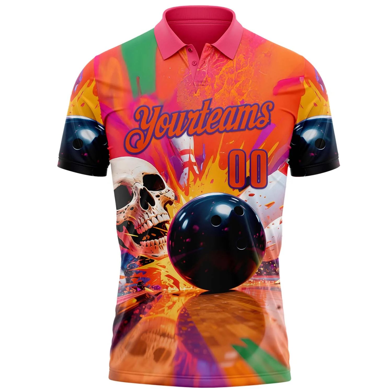 Custom Orange Purple 3D Splash Skull Bowling Performance Polo Shirt - Image 2