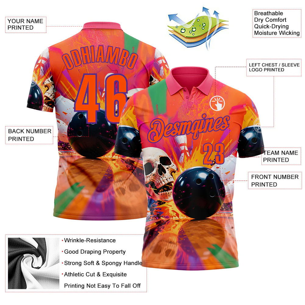 Custom Orange Purple 3D Splash Skull Bowling Performance Polo Shirt - Image 3