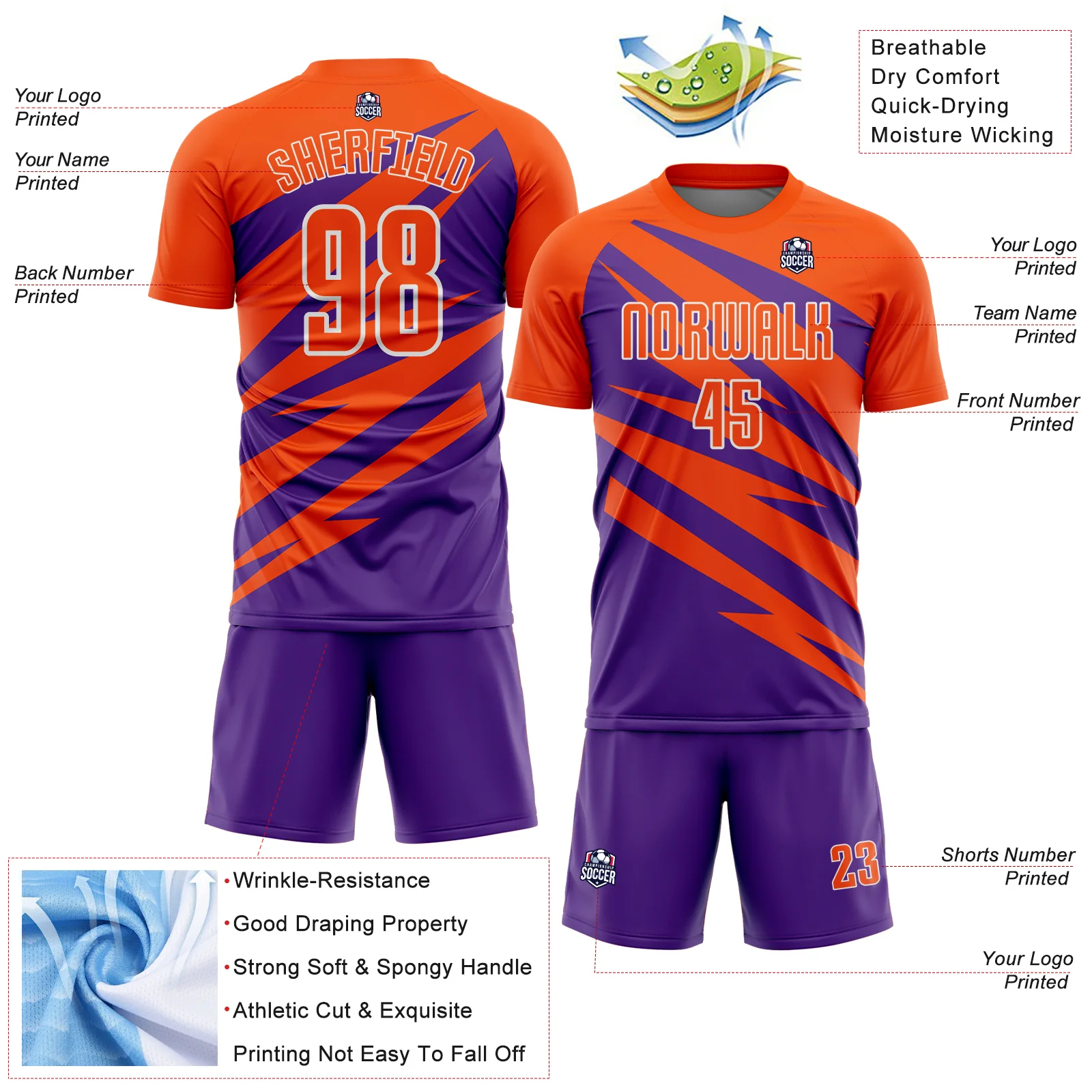 Custom Orange Purple-White Abstract Line Sports Sublimation Soccer Uniform Jersey - Image 4