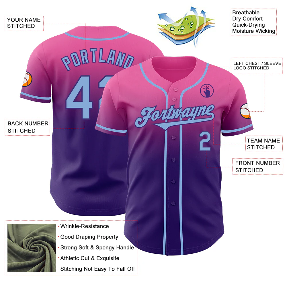 Custom Pink Light Blue-Purple Authentic Fade Fashion Baseball Jersey - Image 3