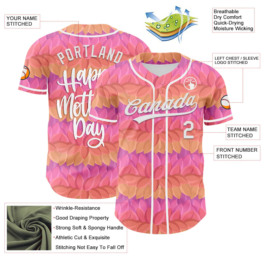 Custom Pink White-Purple 3D Pattern Design Mother's Day Flower Authentic Baseball Jersey - Image 3