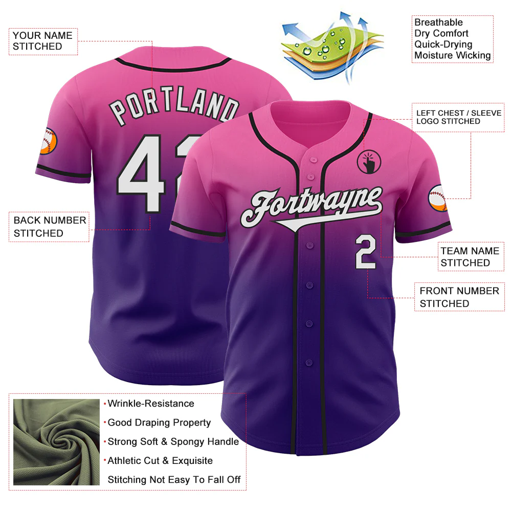 Custom Pink White Purple-Black Authentic Fade Fashion Baseball Jersey - Image 3
