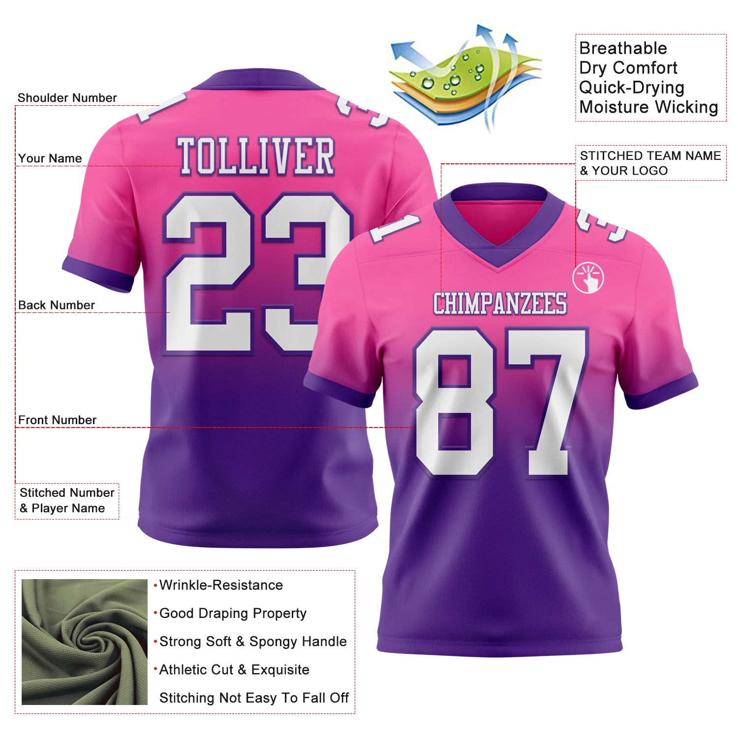 Custom Pink White-Purple Authentic Fade Fashion Football Jersey - Image 2