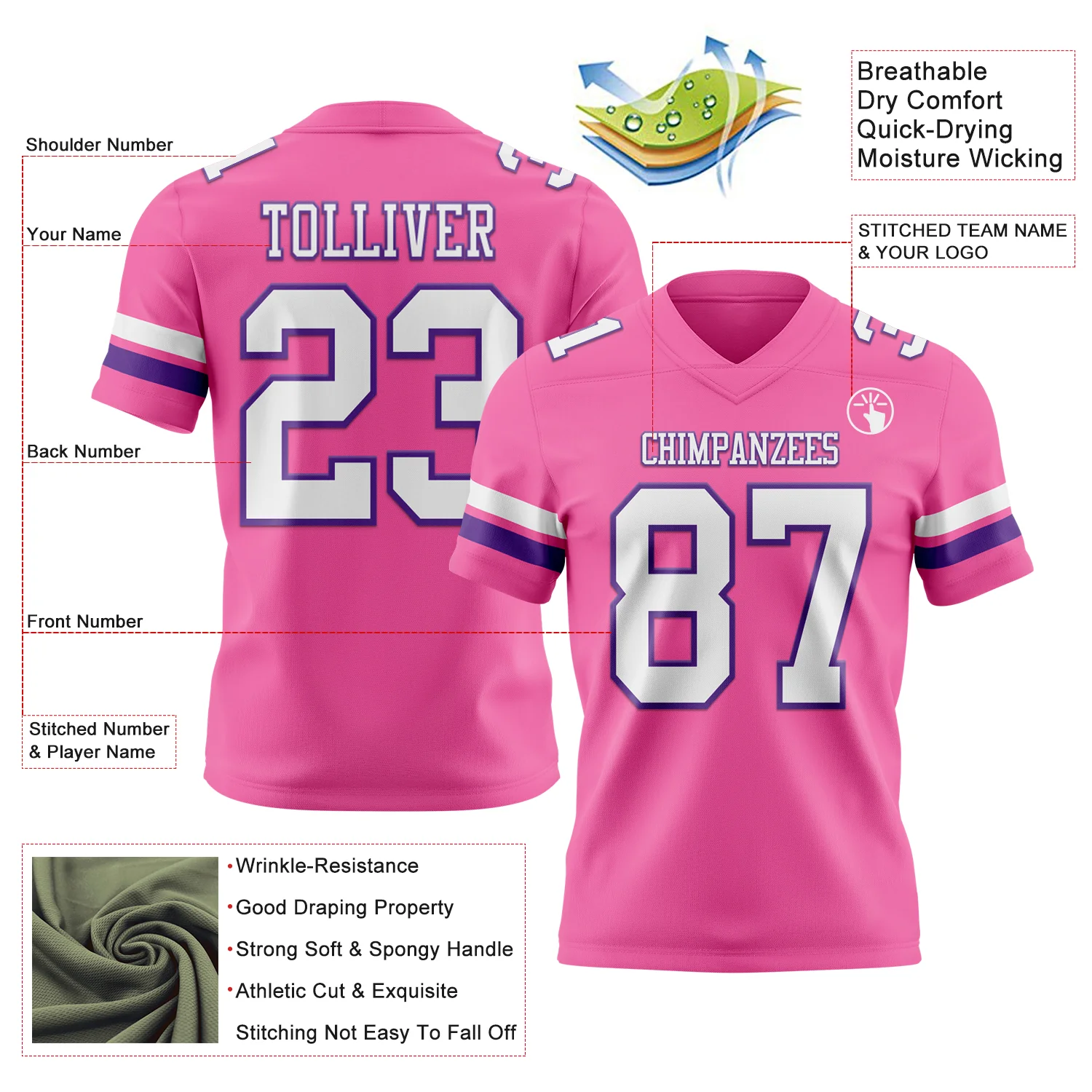 Custom Pink White-Purple Authentic Football Jersey - Image 3
