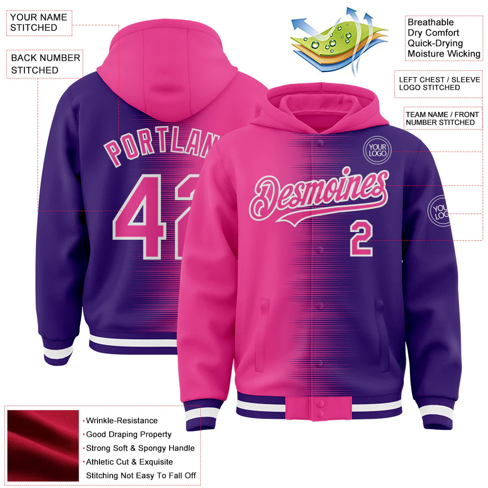 Custom Pink Purple-White Gradient Line Bomber Full-Snap Varsity Letterman Hoodie Jacket - Image 4