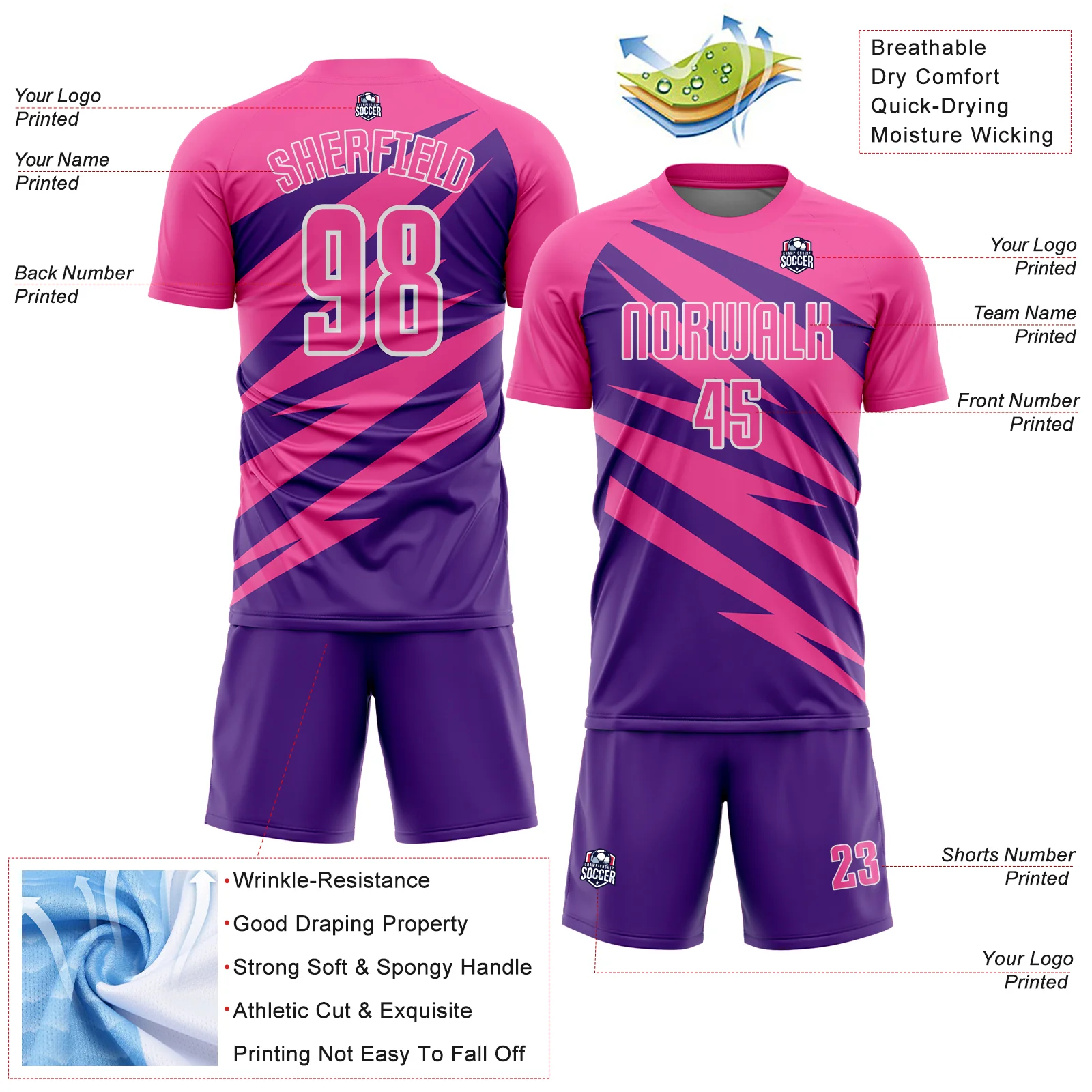 Custom Pink Purple-White Abstract Line Sports Sublimation Soccer Uniform Jersey - Image 4