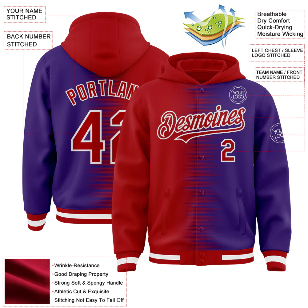 Custom Red Purple-White Gradient Line Bomber Full-Snap Varsity Letterman Hoodie Jacket - Image 4