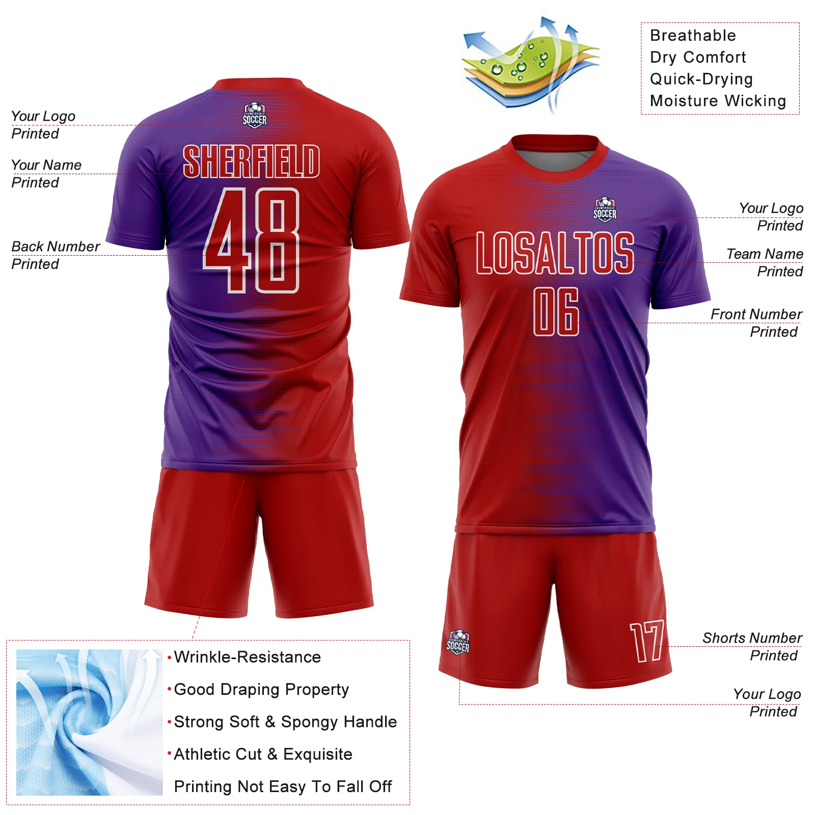 Custom Red Purple-White Gradient Line Sublimation Soccer Uniform Jersey - Image 4