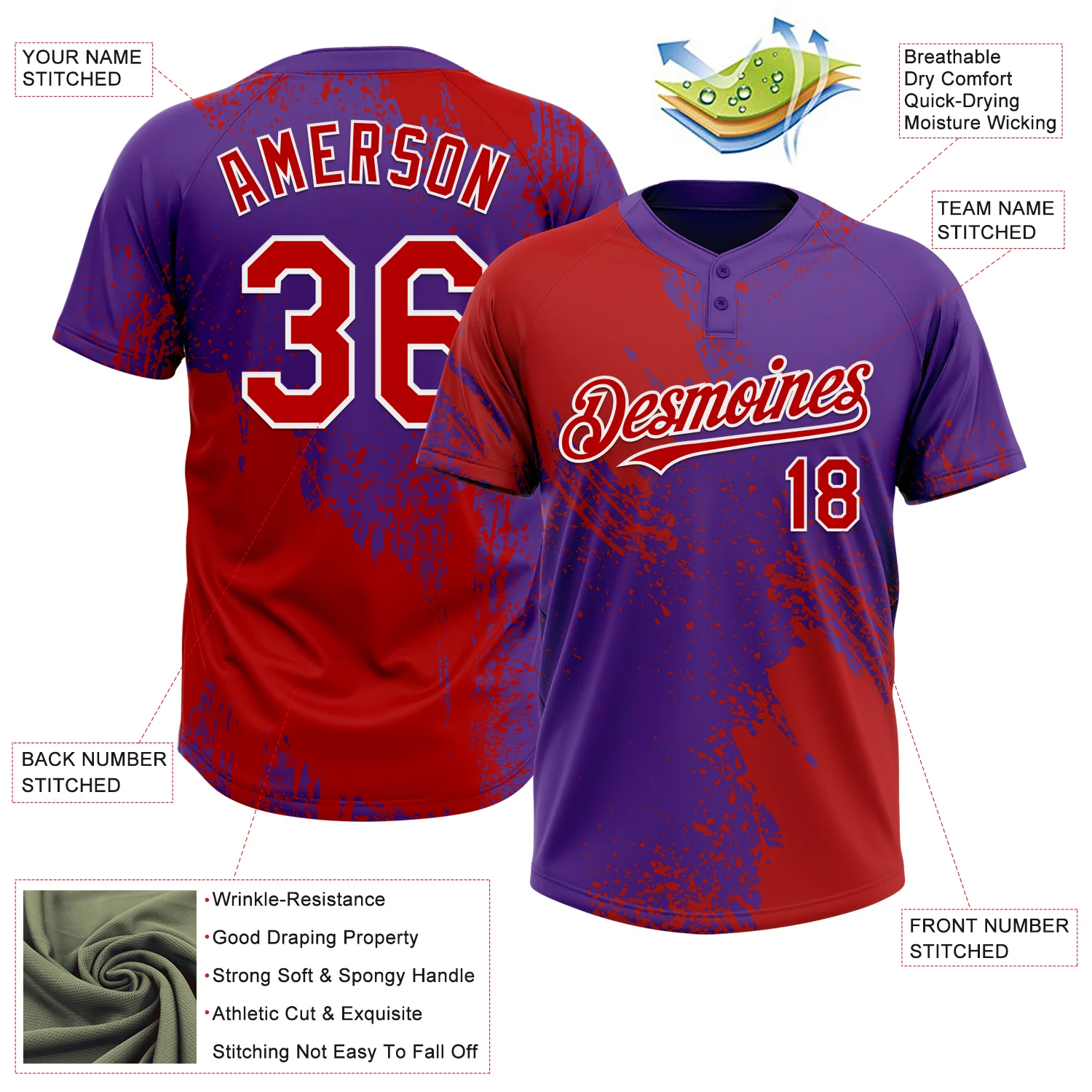 Custom Red Purple-White 3D Pattern Abstract Brush Stroke Two-Button Unisex Softball Jersey - Image 3