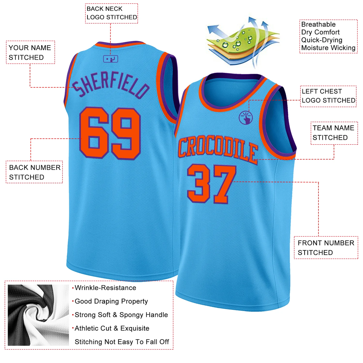 Custom Sky Blue Orange-Purple Authentic Basketball Jersey - Image 2