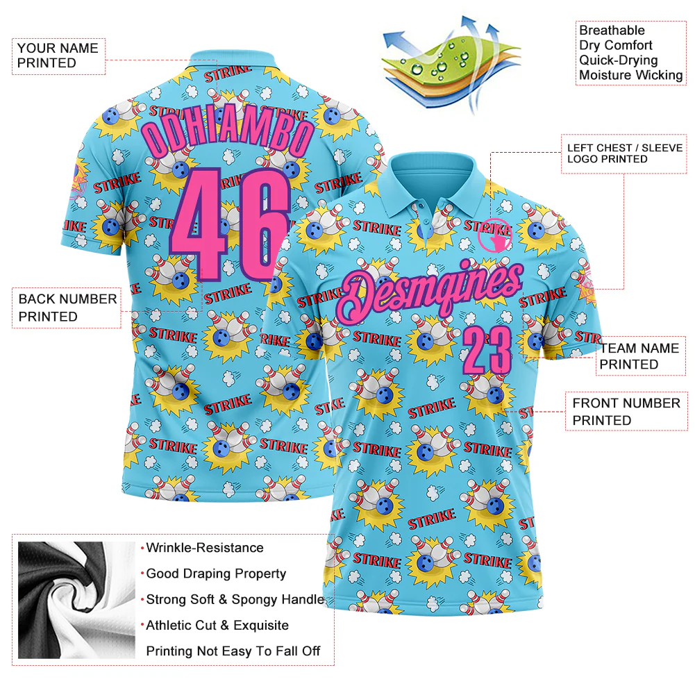 Custom Sky Blue Pink-Purple 3D Bowling Performance Polo Shirt - Image 3